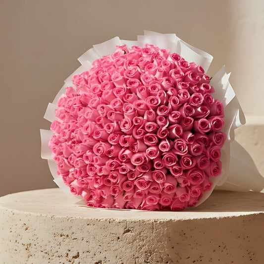 201 Ice Cream hand-tied bouquet of 201 fresh pink roses in white wrapping by Aiwa Flowers