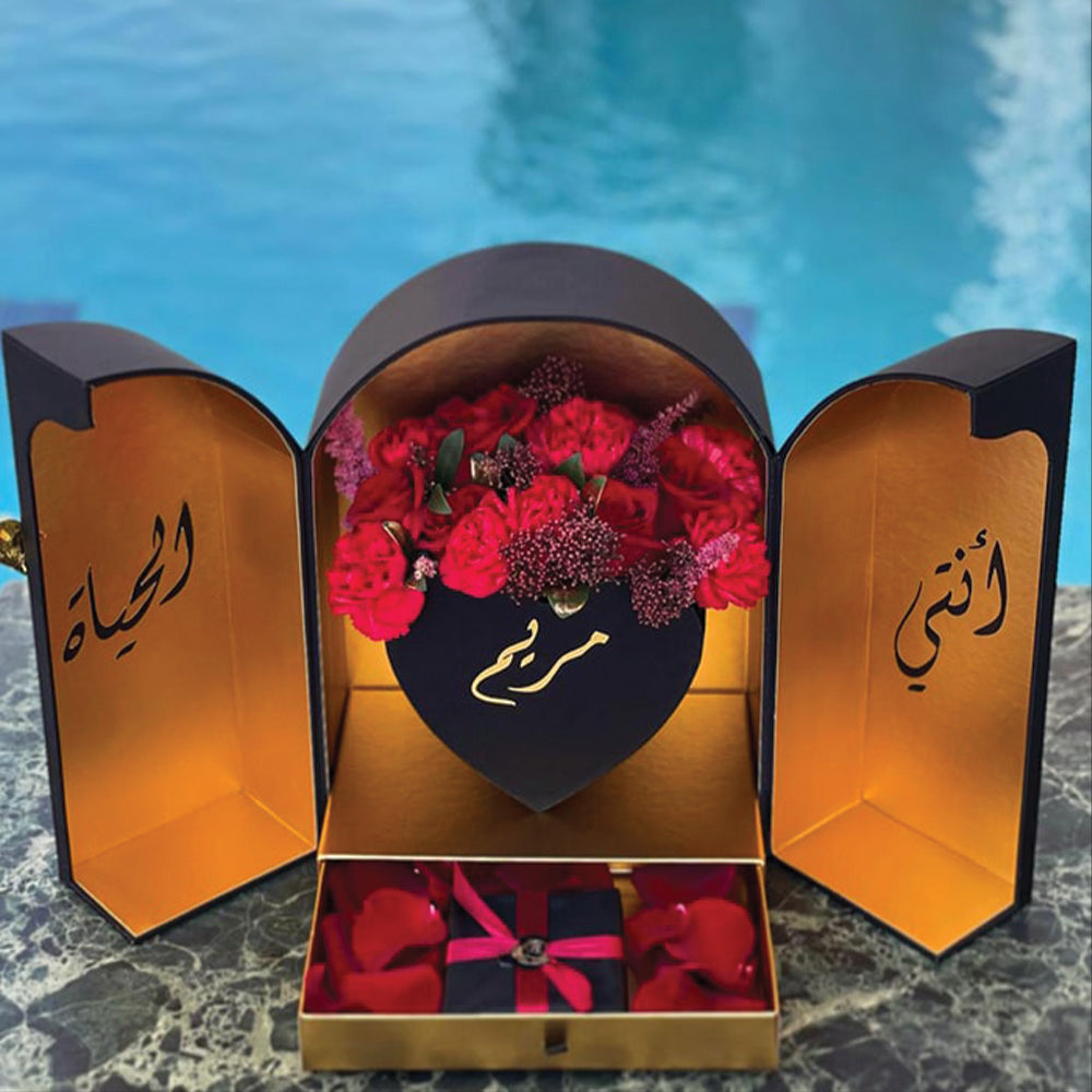 Red Roses in a Box with a Gift and Custom Stickers