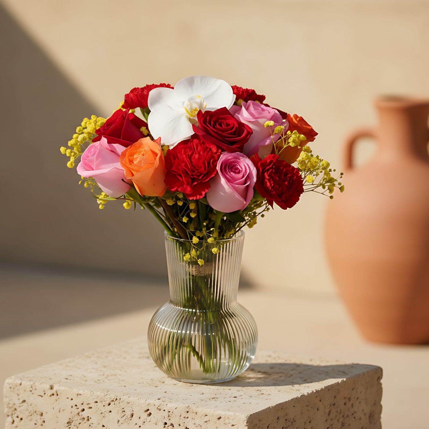 Clear glass vase arrangement with pink, red and orange roses, red carnations, white orchid, and yellow gypsophila