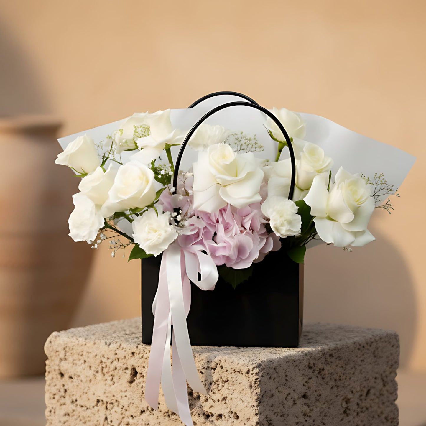 Black bag-box flower arrangement with white roses, pink hydrangea, carnations, and gypsophila