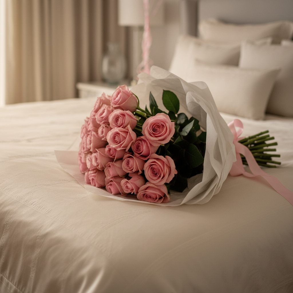 close up of pink roses bouquet wrapped in white paper soft romantic flowers Dubai