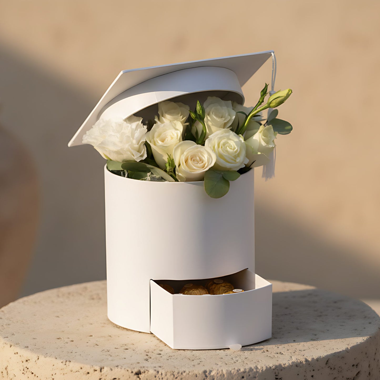 Graduation hat box arrangement with white roses, lisianthus, eucalyptus, and Ferrero Rocher chocolates