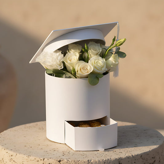 Graduation hat box arrangement with white roses, lisianthus, eucalyptus, and Ferrero Rocher chocolates