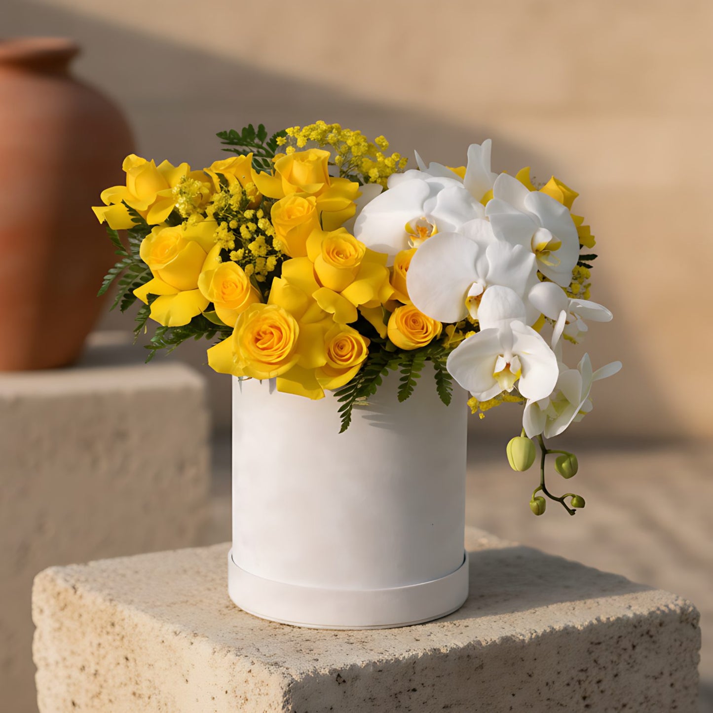White velvet box arrangement with yellow roses, orchid stem, fern, and yellow gypsophila