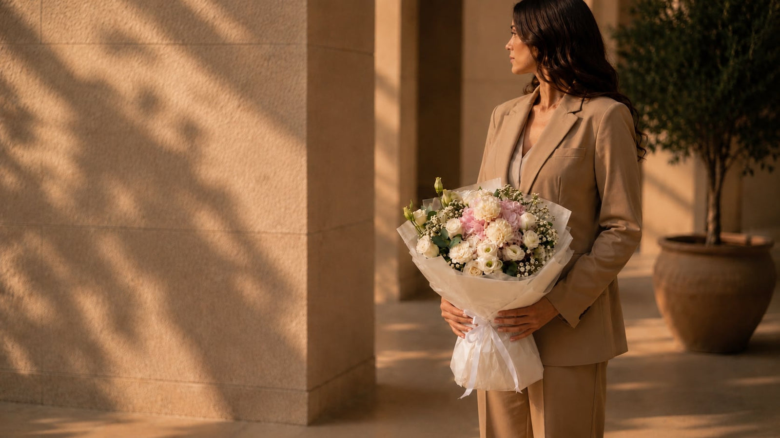 Woman in a tailored suit holding a soft pastel white and pink spring bouquet — Easter Flowers by Aiwa Flowers Dubai