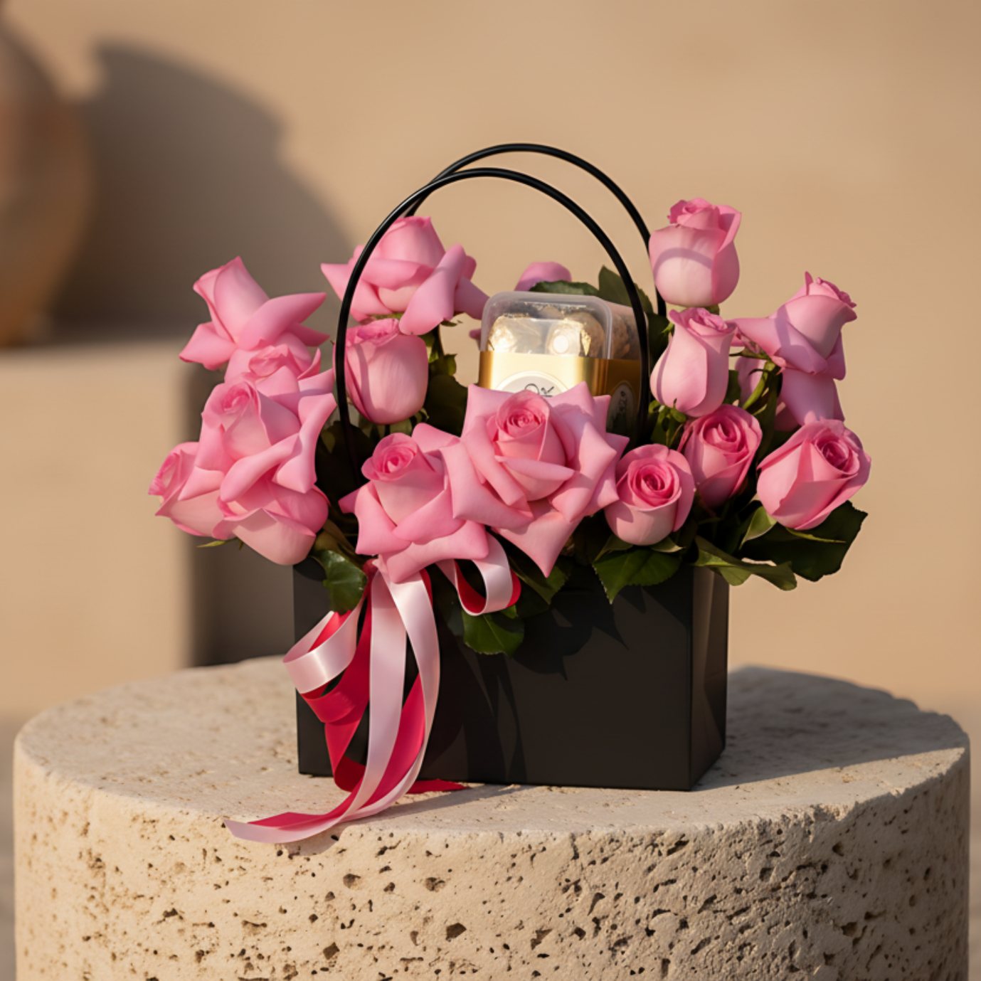Pink roses with Ferrero Rocher chocolates arranged in a luxury bag-style flower box.