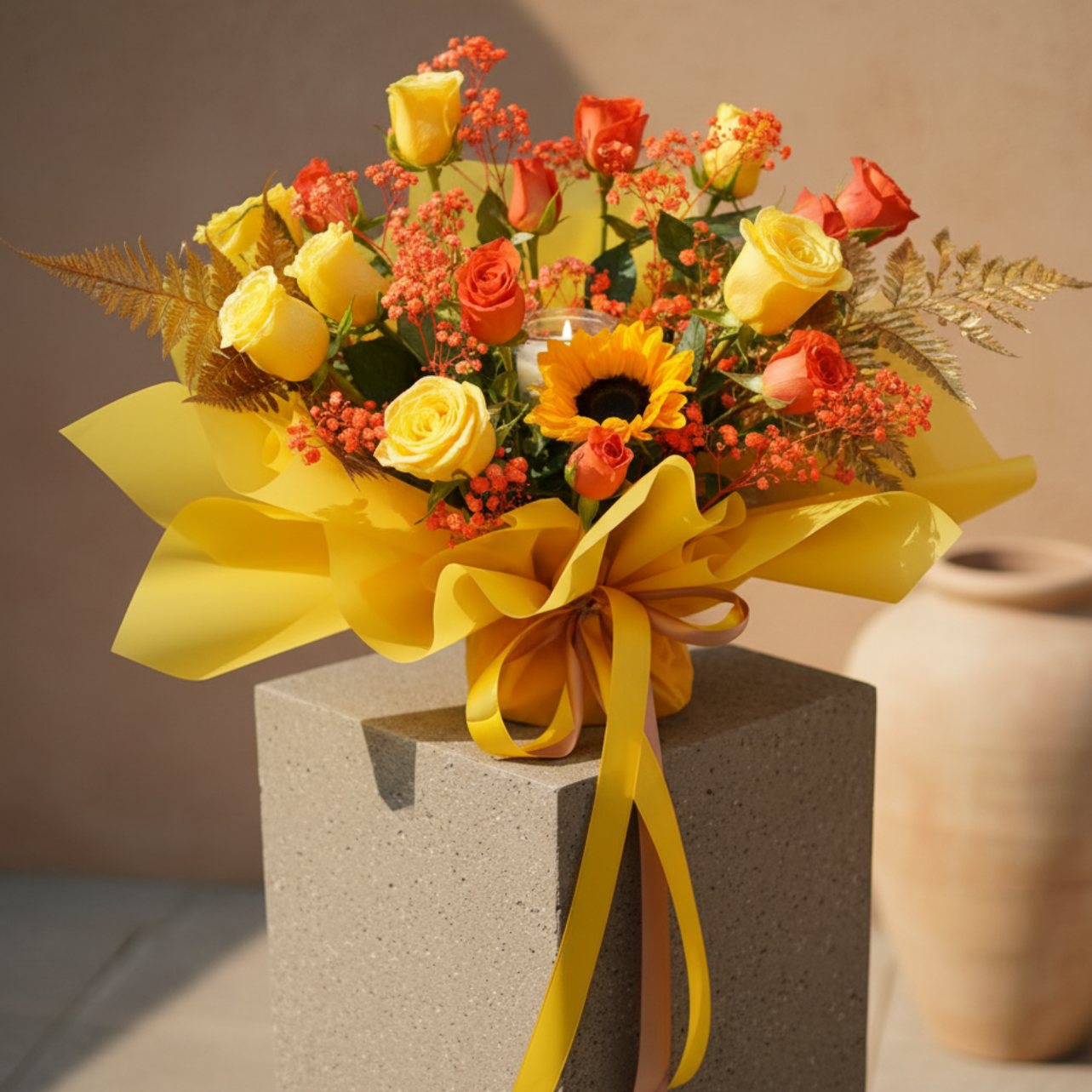 Festival of Lamps bouquet with sunflower, yellow and orange roses, golden fern and candle in yellow wrapping.