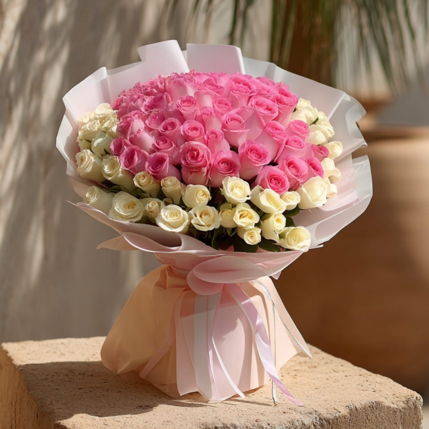 Hand-tied bouquet of 101 pink and white roses in soft light pink wrapping by Aiwa Flowers Dubai