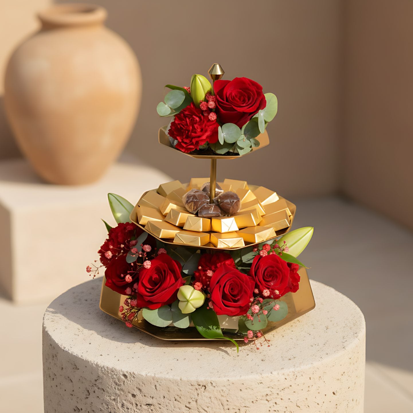 3 Tier Tray floral arrangement with red roses, carnations, lilies, eucalyptus, gypsophila, and chocolates on a serving tray by Aiwa Flowers Dubai