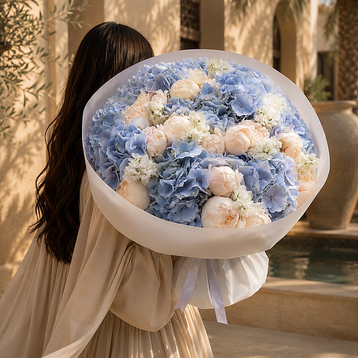 Lifestyle shot of Blue Veil romantic luxury bouquet by Aiwa Flowers Dubai