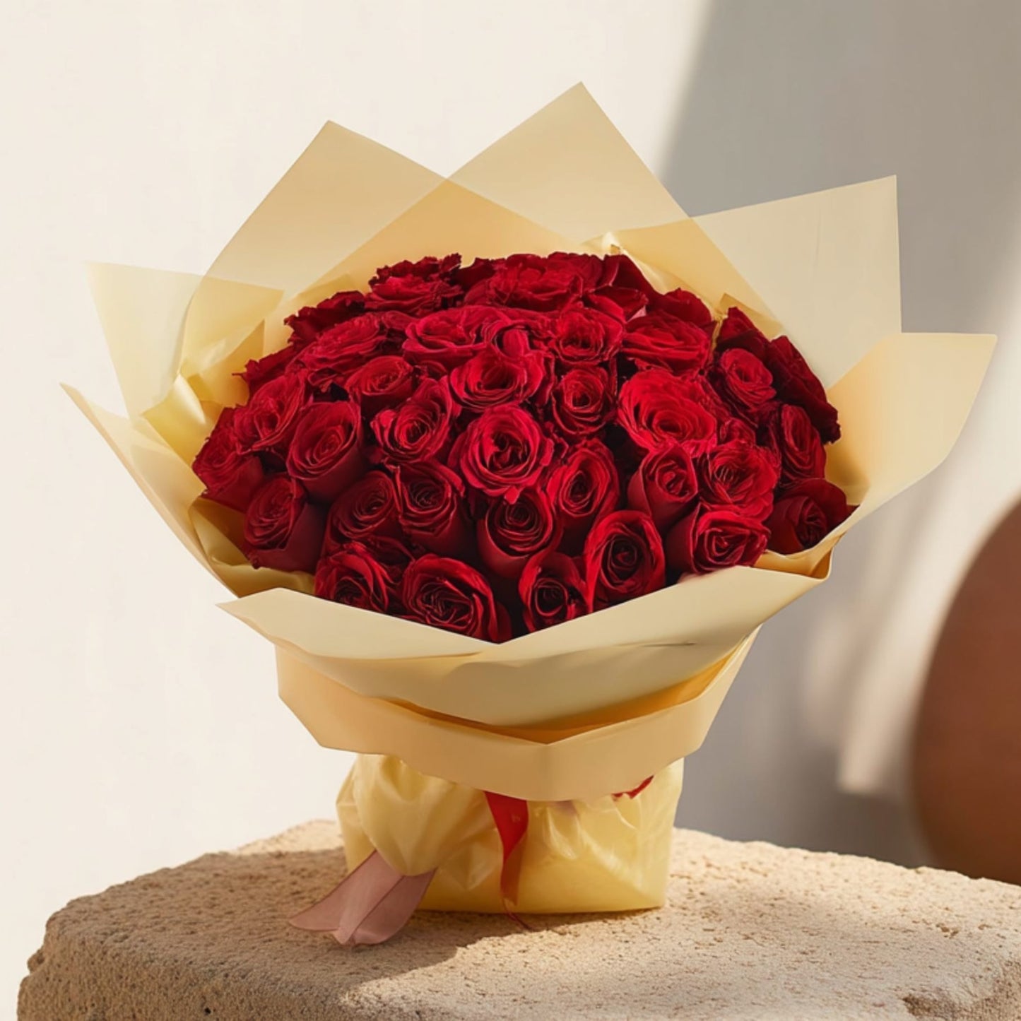 Hand-tied bouquet of 55 red roses in luxurious gold wrapping by Aiwa Flowers Dubai