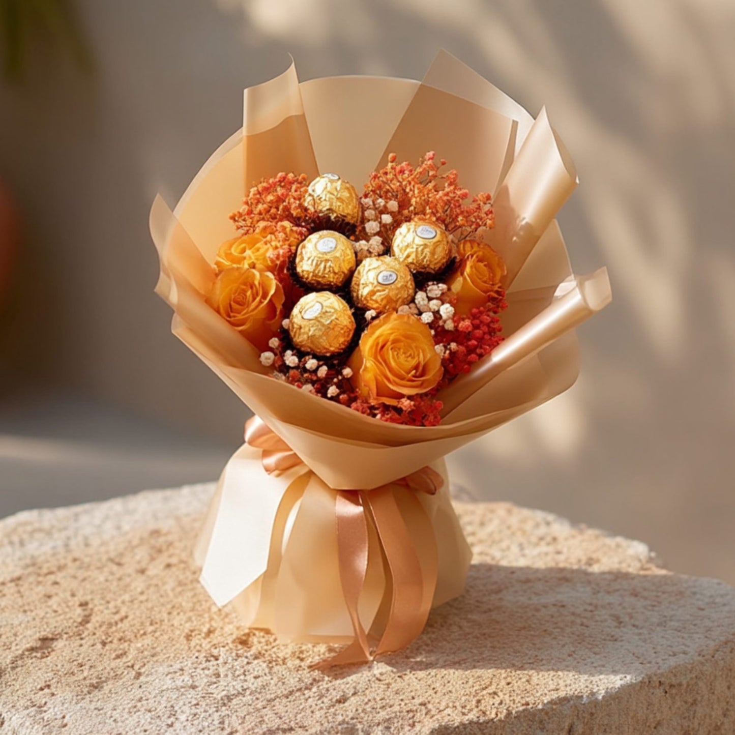 Bouquet of 10 orange roses with 5 Ferrero Rocher chocolates and orange gypsophila in elegant gold wrapping by Aiwa Flowers Dubai