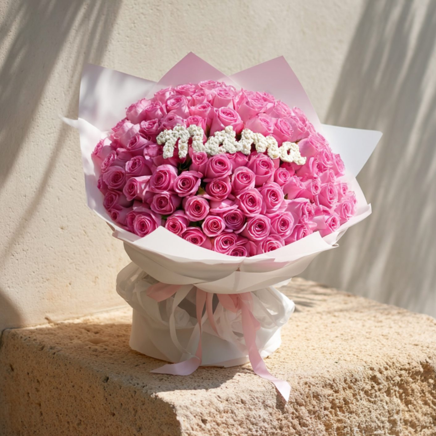 Hand-tied bouquet of 101 pink roses with a Mama accent in elegant white wrapping by Aiwa Flowers Dubai