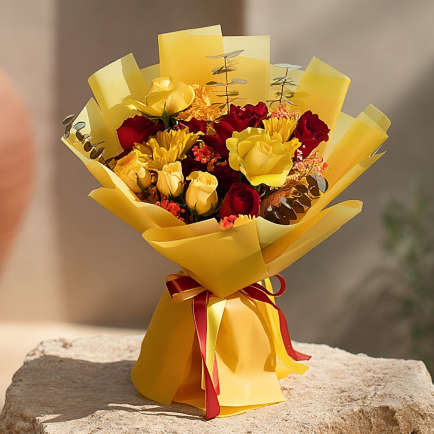 Hand-tied bouquet of yellow and red roses with sunflower and gypsophila in bright yellow wrapping by Aiwa Flowers Dubai
