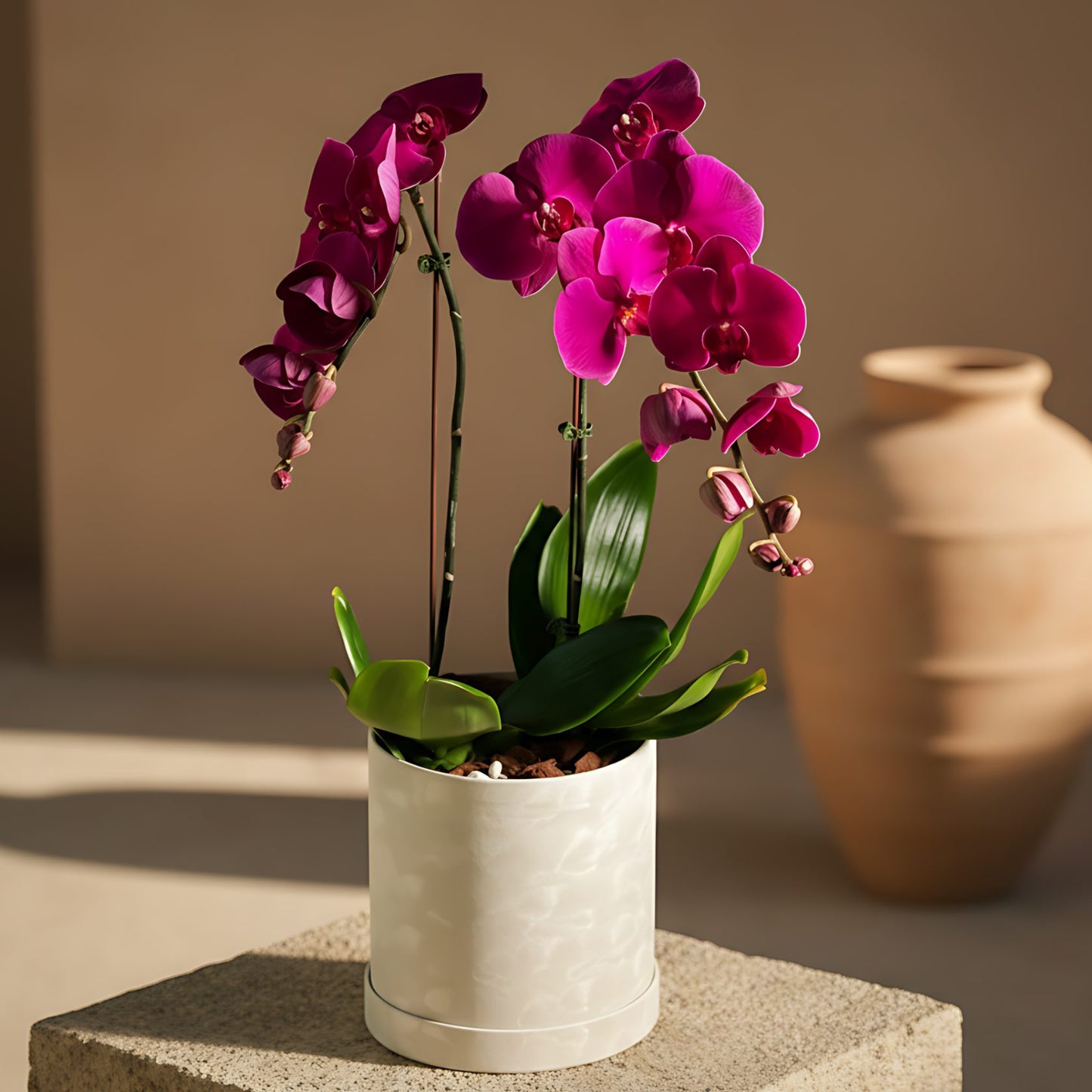 Duo Purple Orchid Plant with two purple Phalaenopsis stems presented in a white velvet box by Aiwa Flowers Dubai