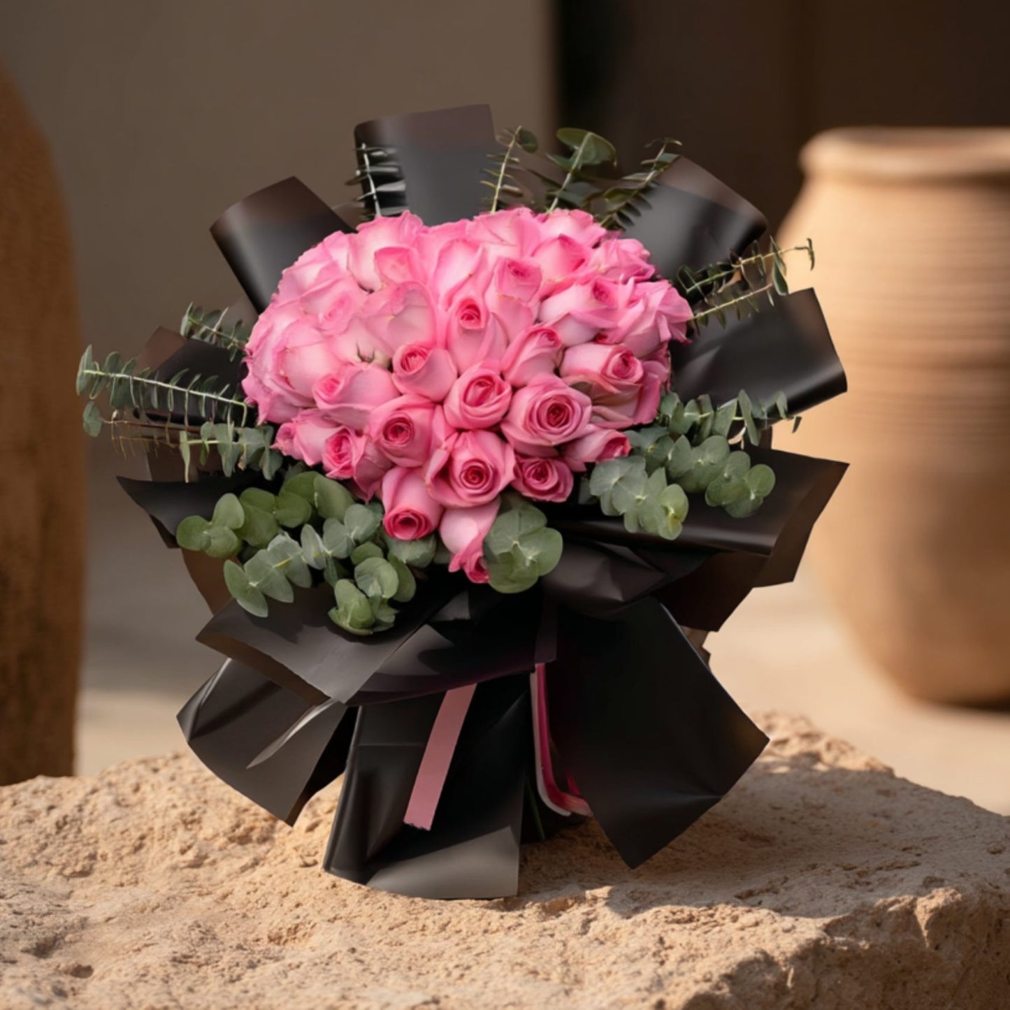 Heart-shaped hand-tied bouquet of pink roses in elegant black wrapping by Aiwa Flowers Dubai