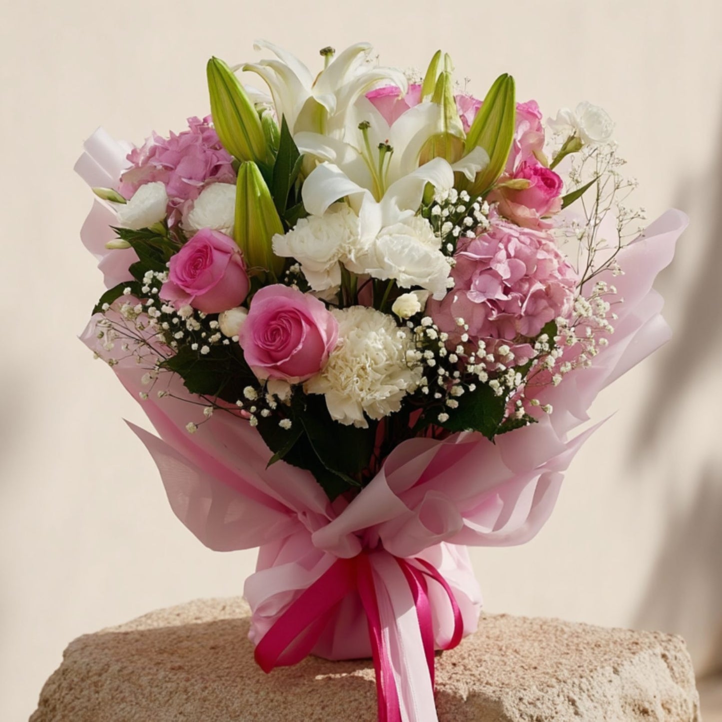 Hand-tied bouquet with pink roses, white lilies, hydrangeas, lisianthus, carnations, and gypsophila in soft pink wrapping by Aiwa Flowers Dubai