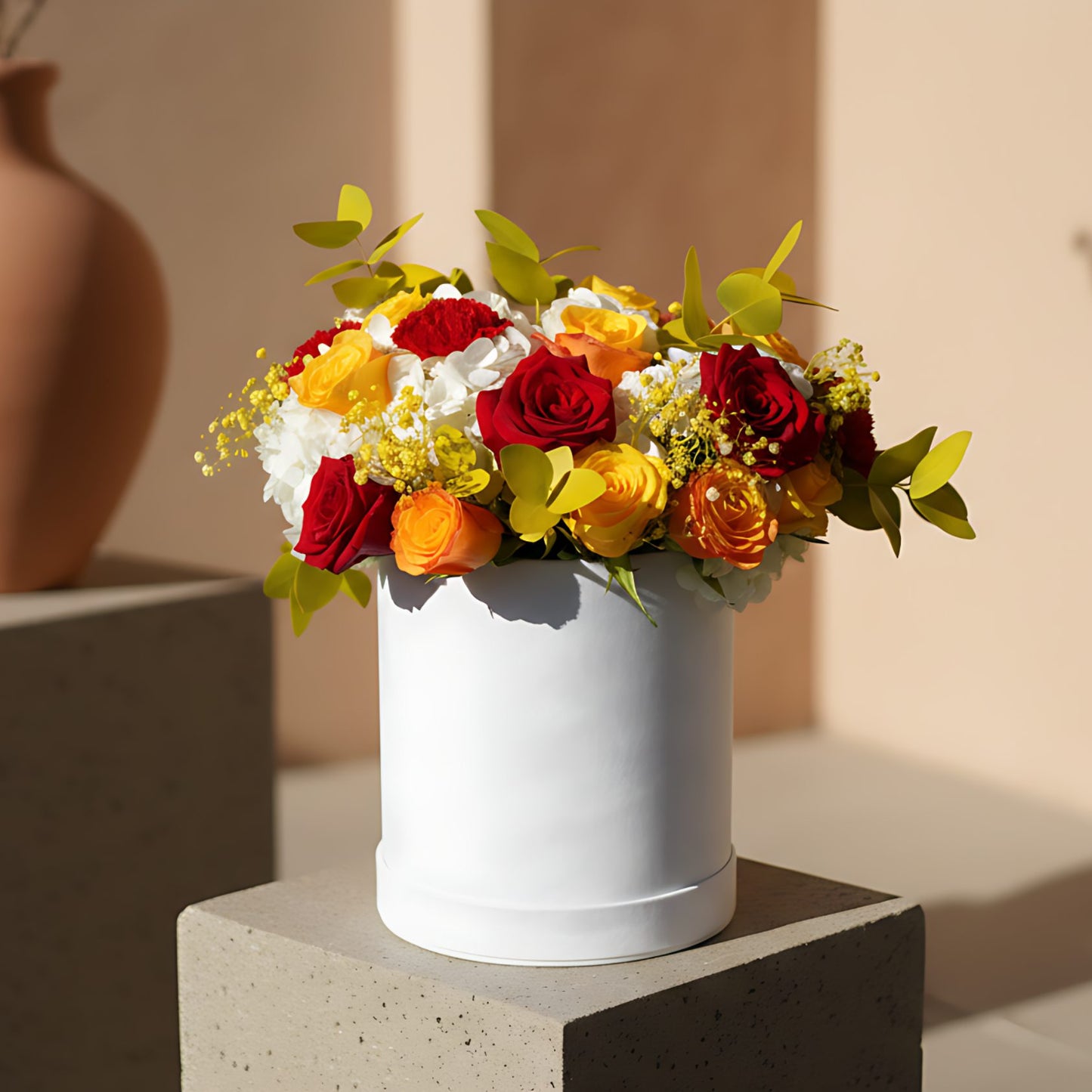 Gauguin velvet box arrangement with orange, yellow, and red roses, white hydrangeas, red carnations, and yellow accents by Aiwa Flowers Dubai
