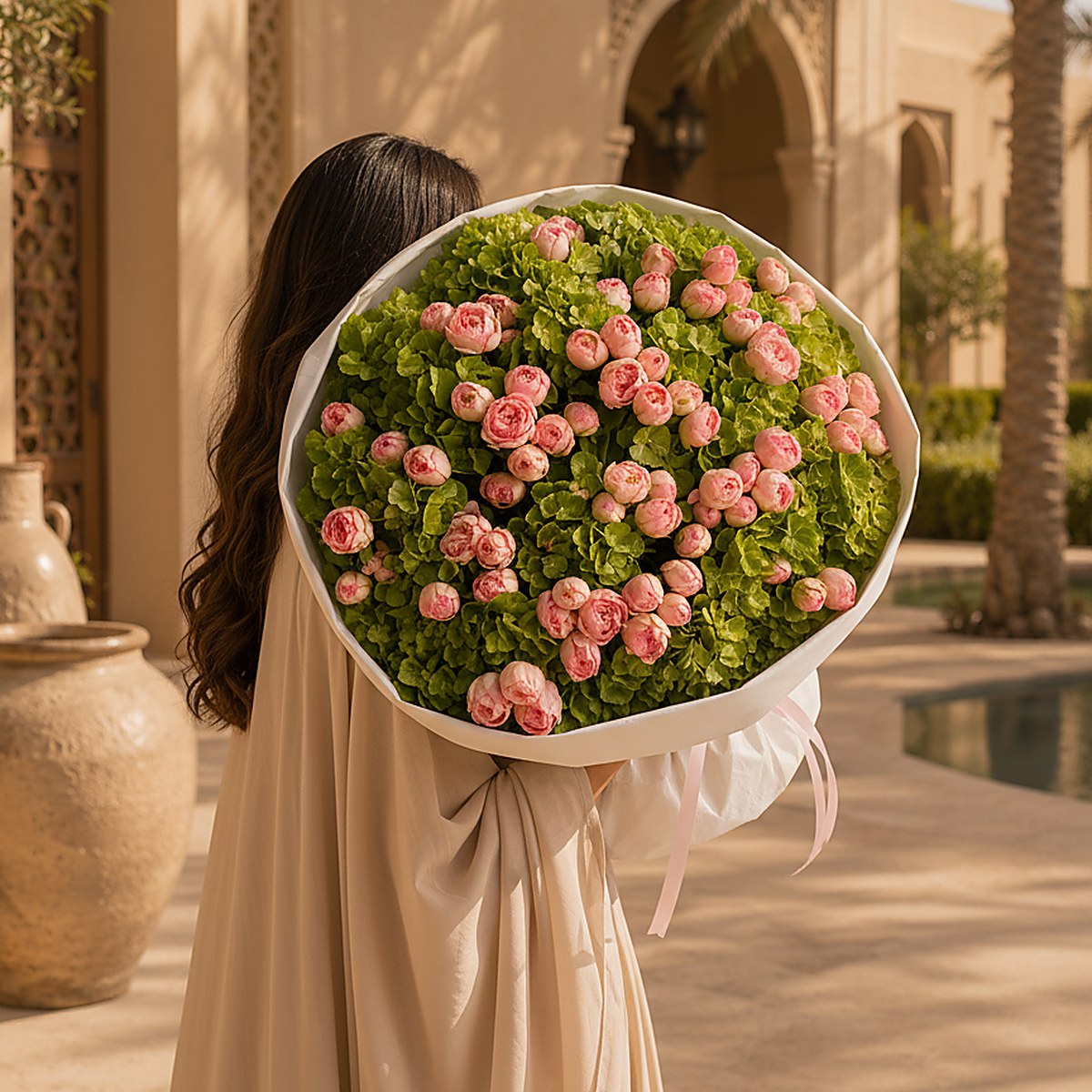 Side angle of Green Muse showing fresh garden composition by Aiwa Flowers Dubai