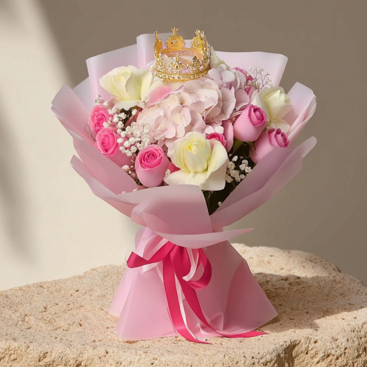 Hand-tied bouquet of pink and white roses with pink hydrangea and a crown accessory in soft pink wrapping by Aiwa Flowers Dubai