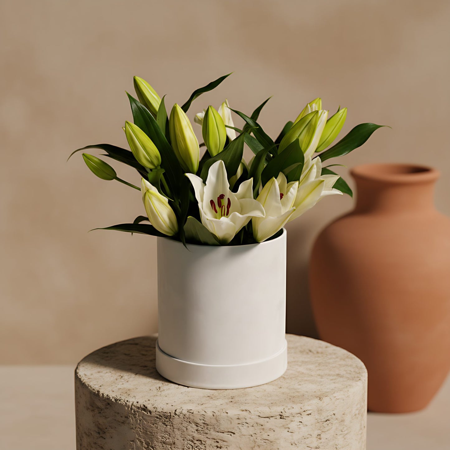 Lilies Mini round white velvet box arrangement with 5 fresh white lilies by Aiwa Flowers Dubai