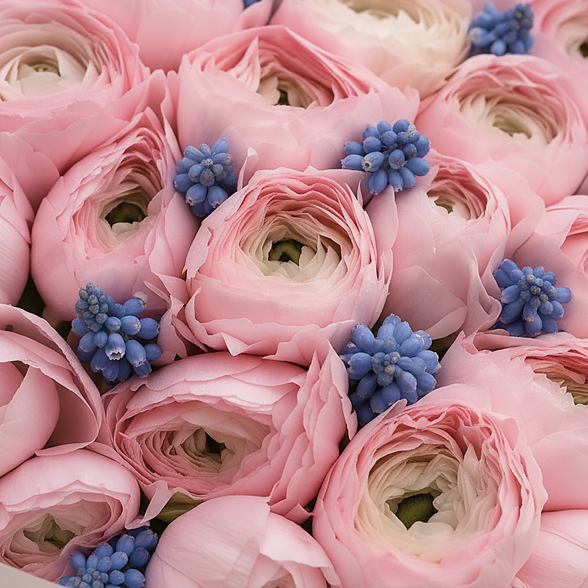 Powder Bloom pink ranunculus and blue muscari bouquet wrapped in white by Aiwa Flowers Dubai