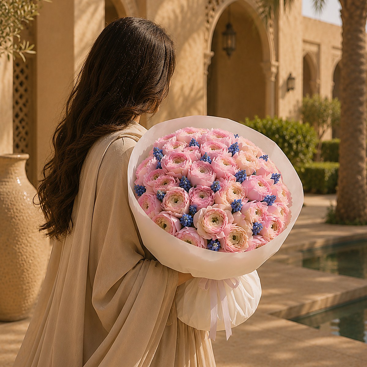 Close-up of pink ranunculus petals and blue muscari in Powder Bloom by Aiwa Flowers Dubai