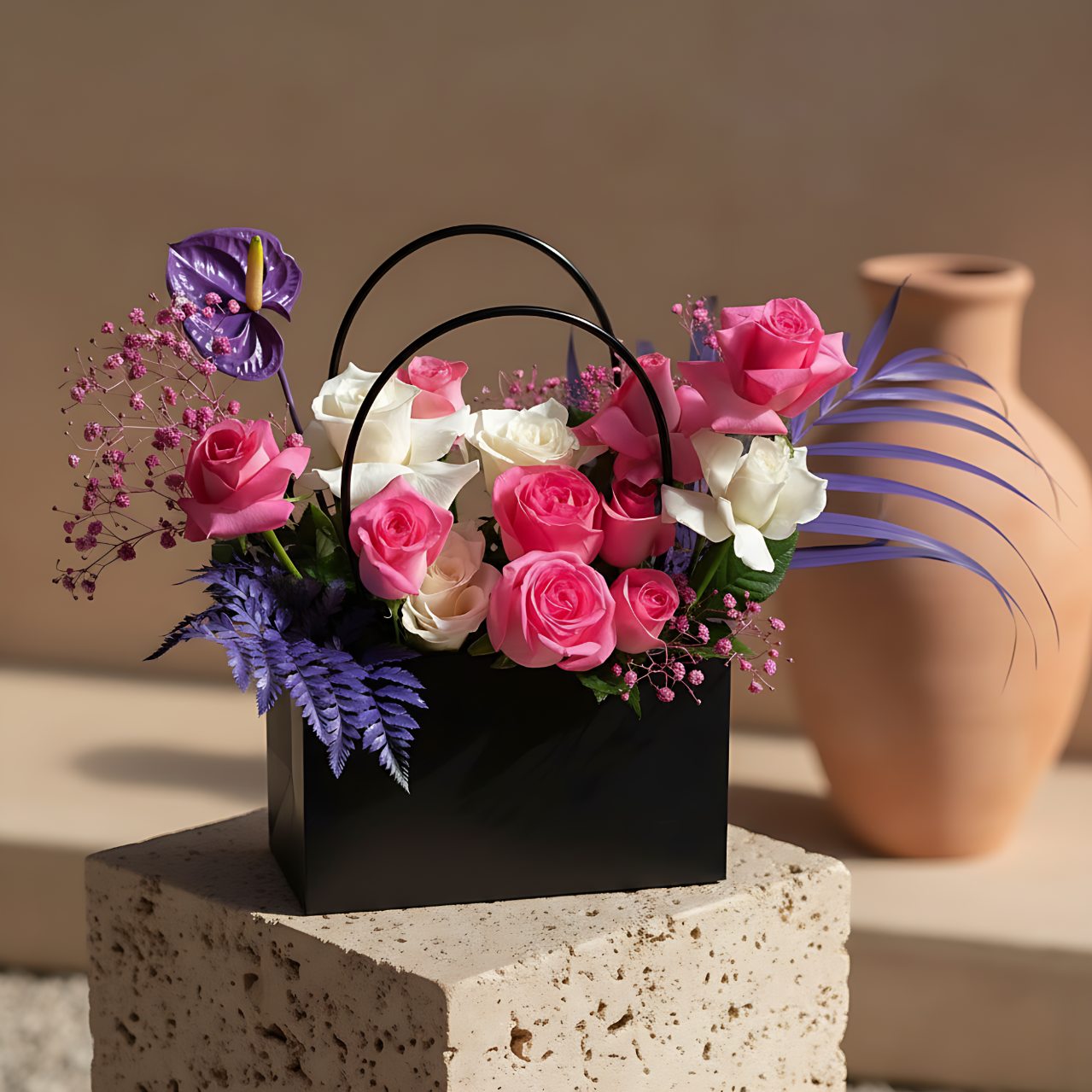 Purple Blush bag-box arrangement with pink and white roses, anthurium, gypsophila, and foliage by Aiwa Flowers Dubai
