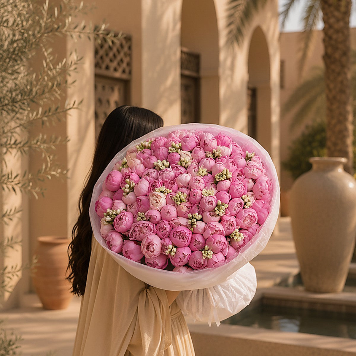 Side profile of Rosabelle showing 70-bloom pink peony composition by Aiwa Flowers Dubai