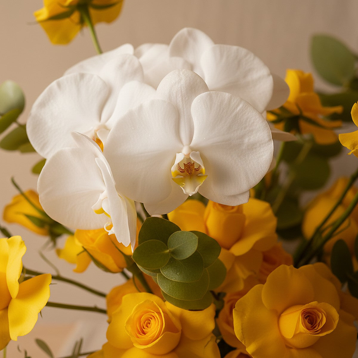 Sunshine Orchid Garden Centerpiece — styled event setting — Aiwa Flowers, Dubai UAE
