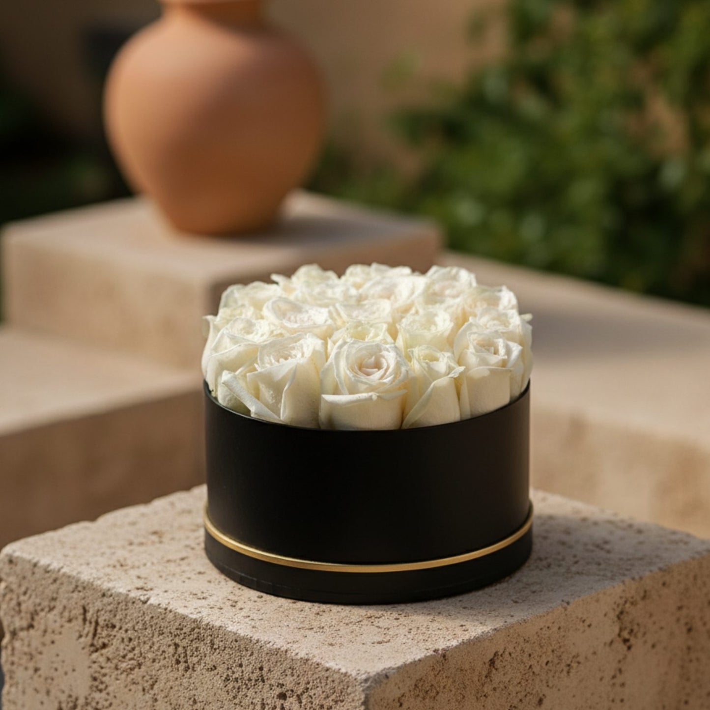 White Blossom black box arrangement with fresh white roses by Aiwa Flowers Dubai