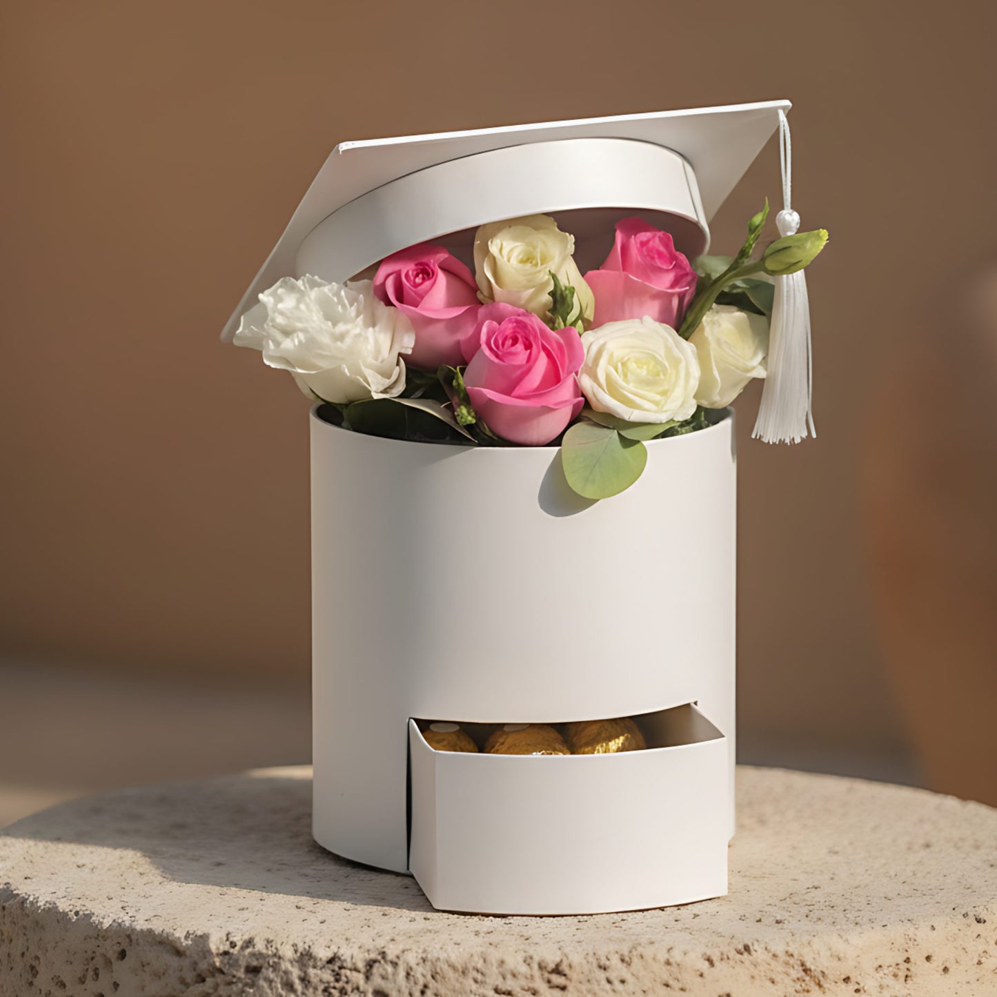 Graduation hat box arrangement with white and pink roses, lisianthus, eucalyptus, and Ferrero Rocher chocolates