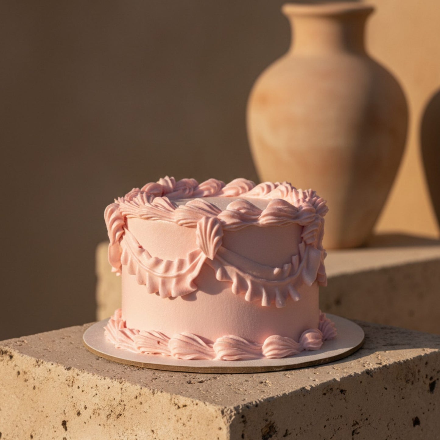 Elegant vintage pink celebration cake with decorative icing placed on a stone pedestal.
