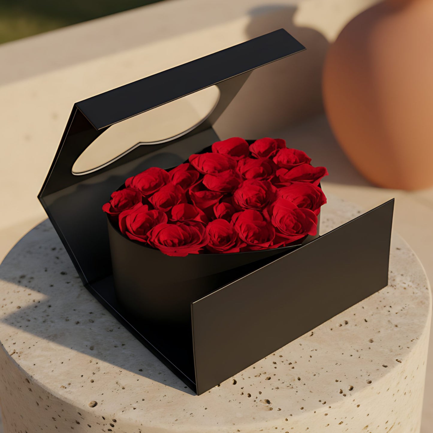 Black heart-shaped box arrangement of 25–30 fresh red roses symbolizing eternal love