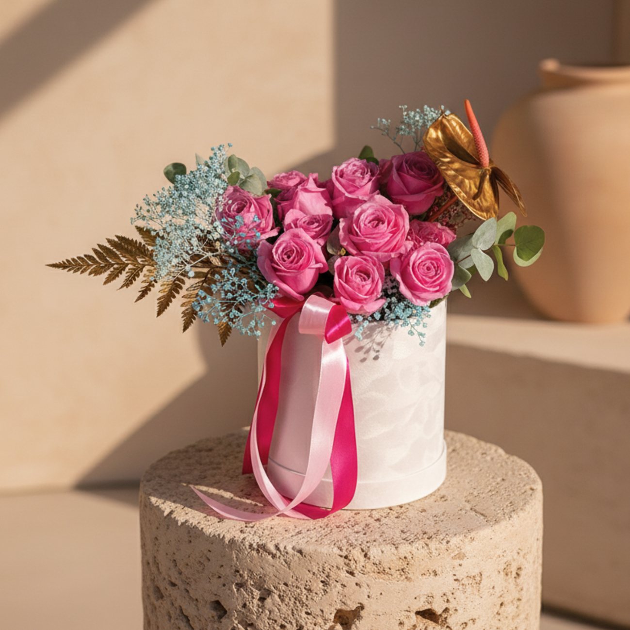 Pink roses with blue gypsophila and golden anthurium arranged in a white velvet flower box.