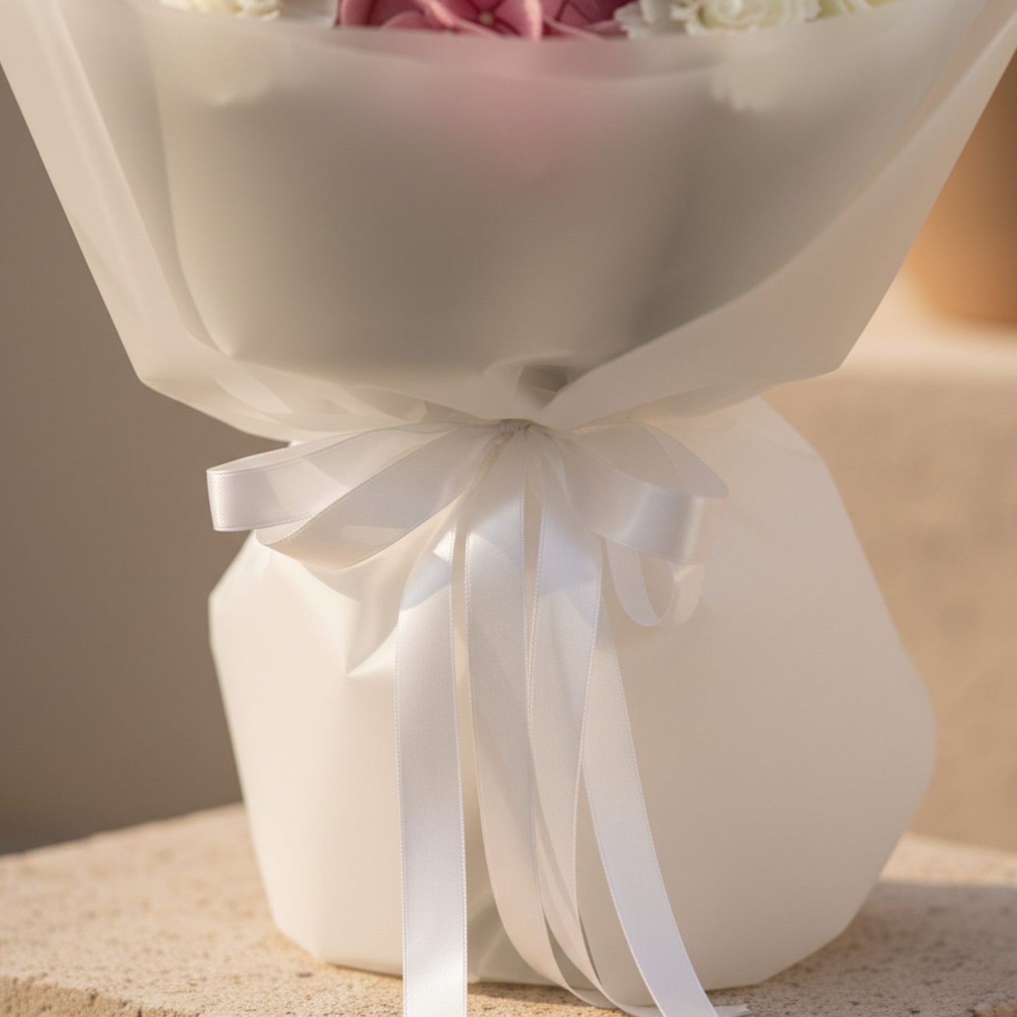 Close-up detail of white bouquet wrapping and ribbon beneath pink hydrangea flowers.