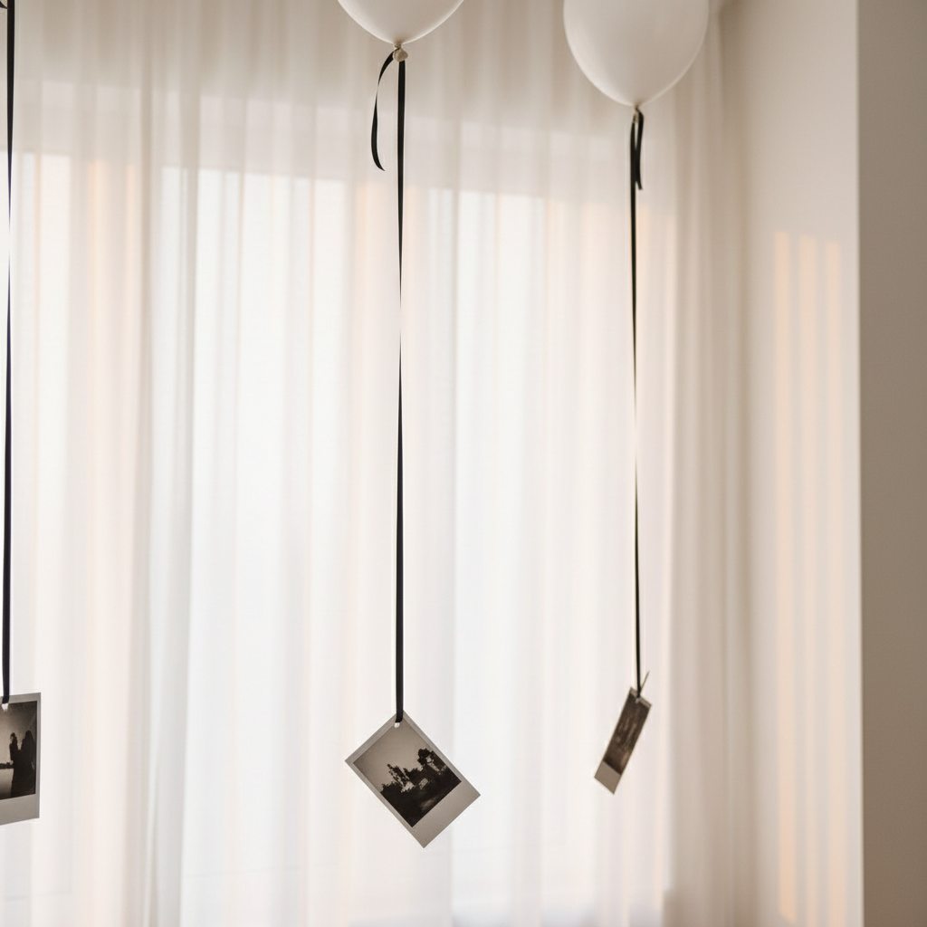 personalized white helium balloons with hanging photos soft aesthetic room decor Dubai