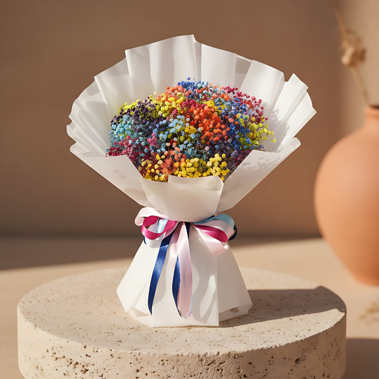 Hand-tied bouquet of rainbow gypsophila wrapped in elegant white paper