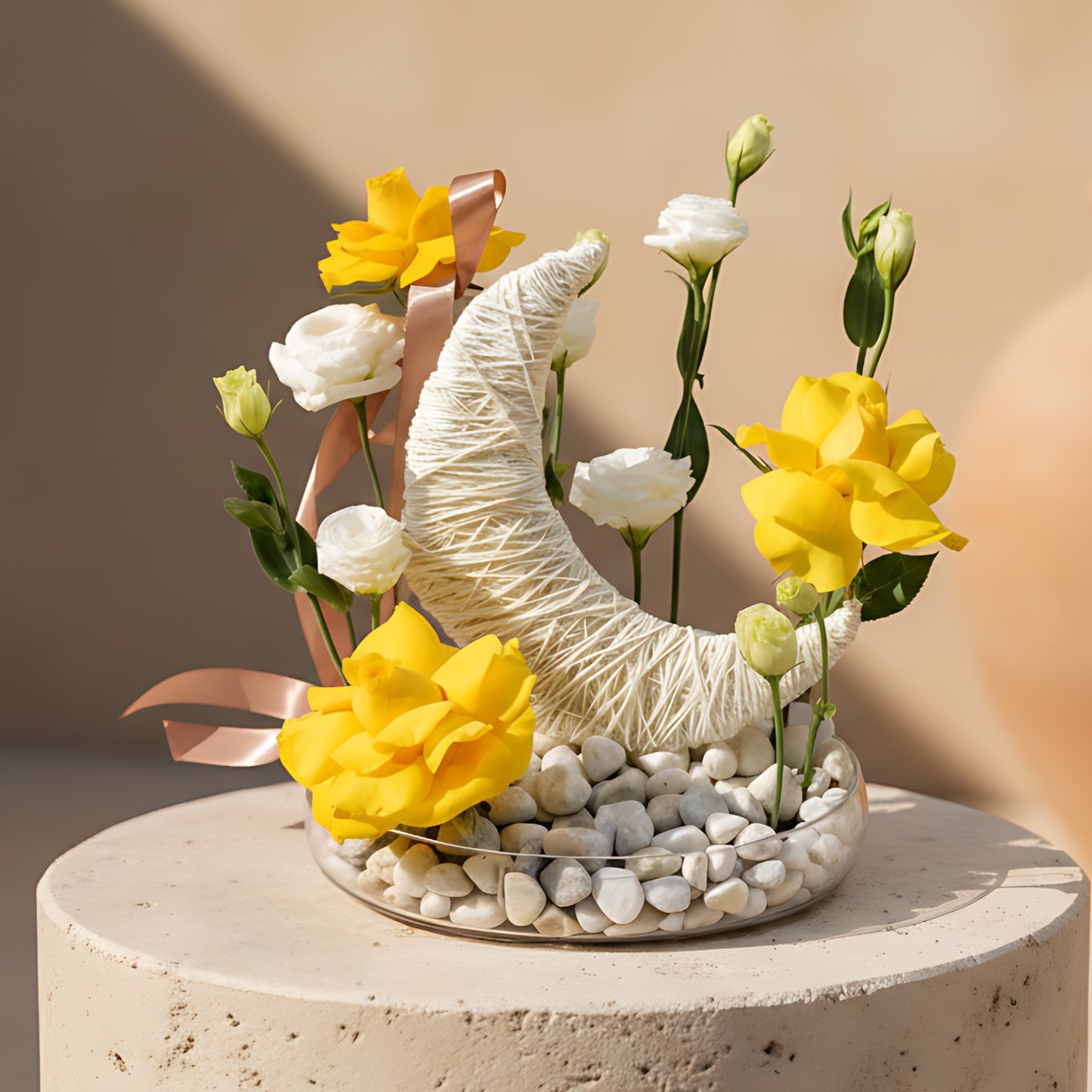 Elegant Ramadan floral arrangement with yellow roses and white lisianthus, accented with a white knotted moon detail and white pebble stones on a glass tray, available in Dubai.