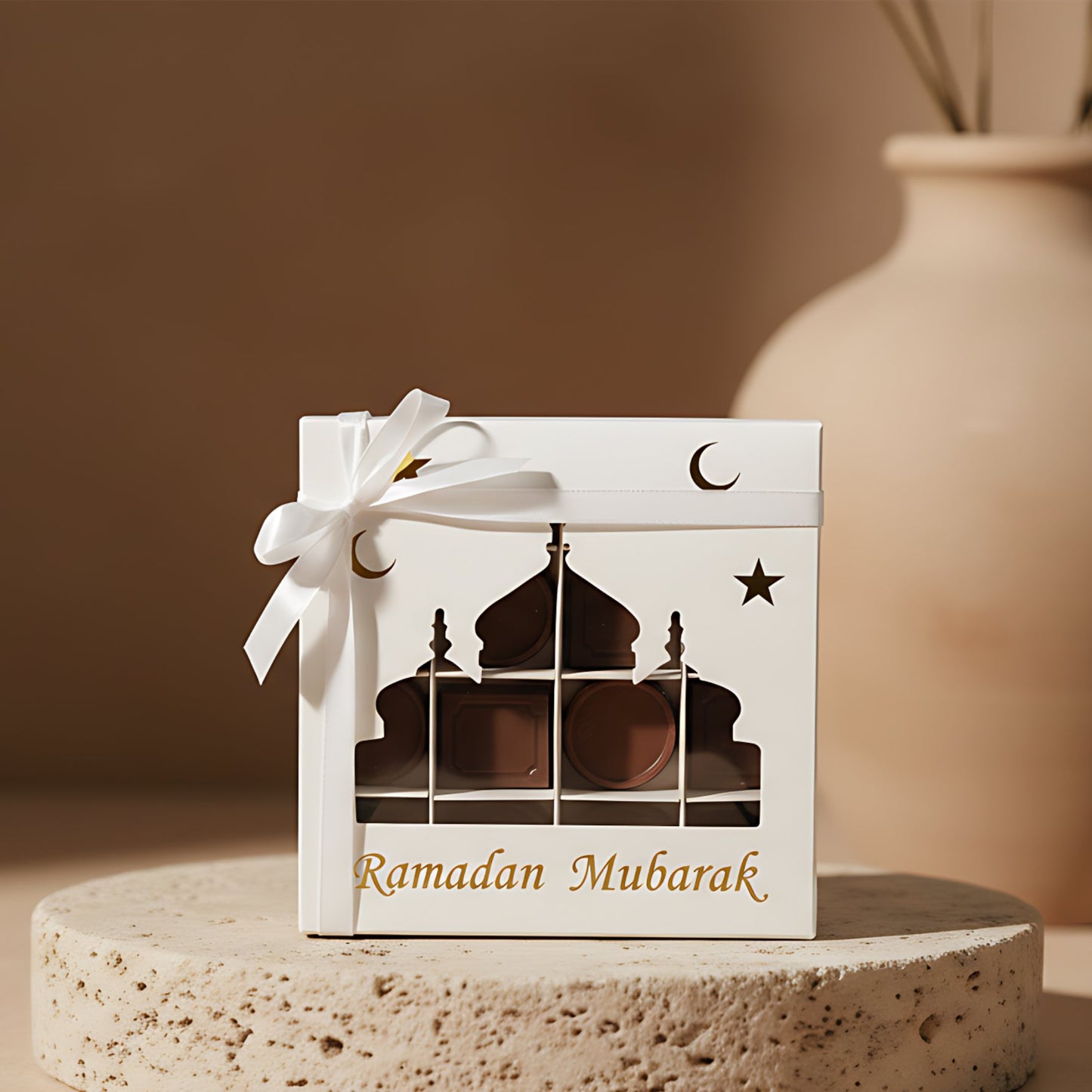 Elegant Ramadan chocolate gift box featuring 16 assorted praline chocolates in a white Ramadan-themed box, available for delivery in Dubai.