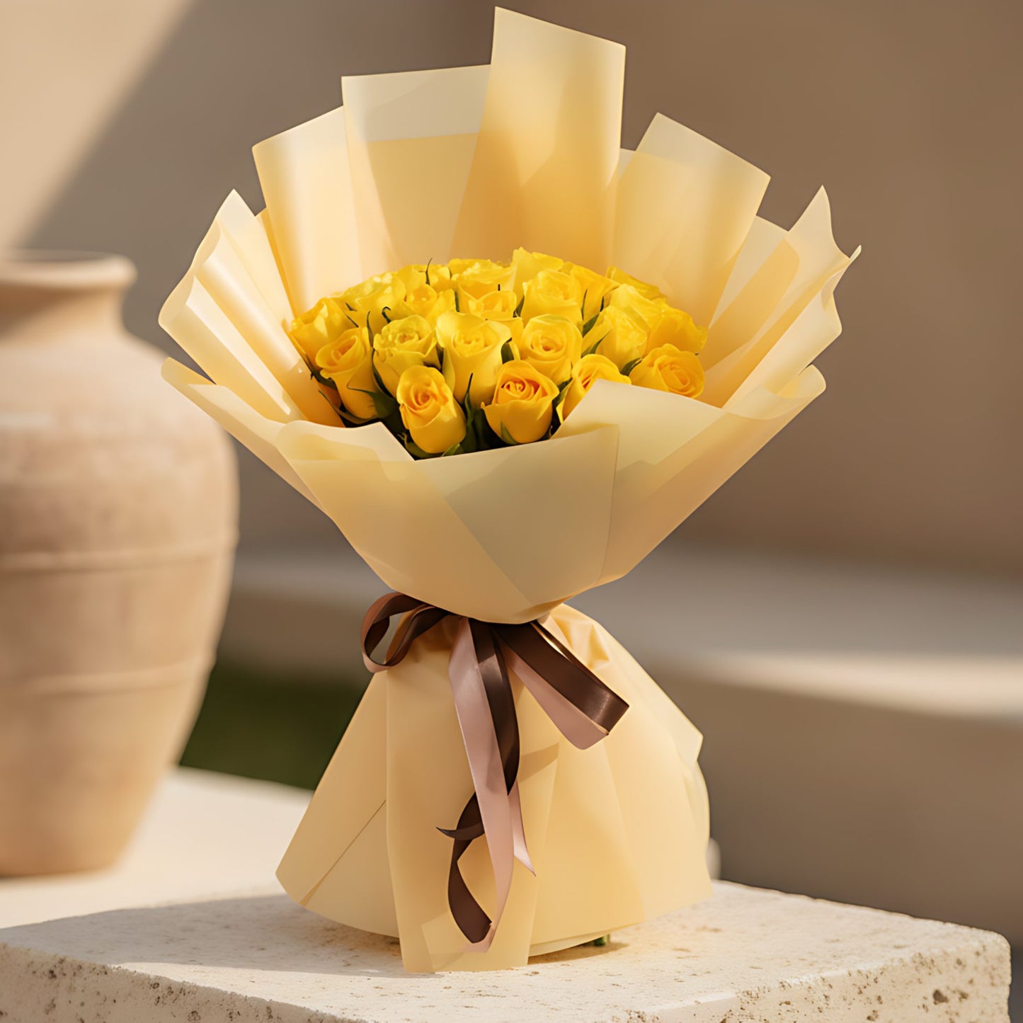 Hand-tied bouquet of 25 fresh yellow roses wrapped in elegant gold paper
