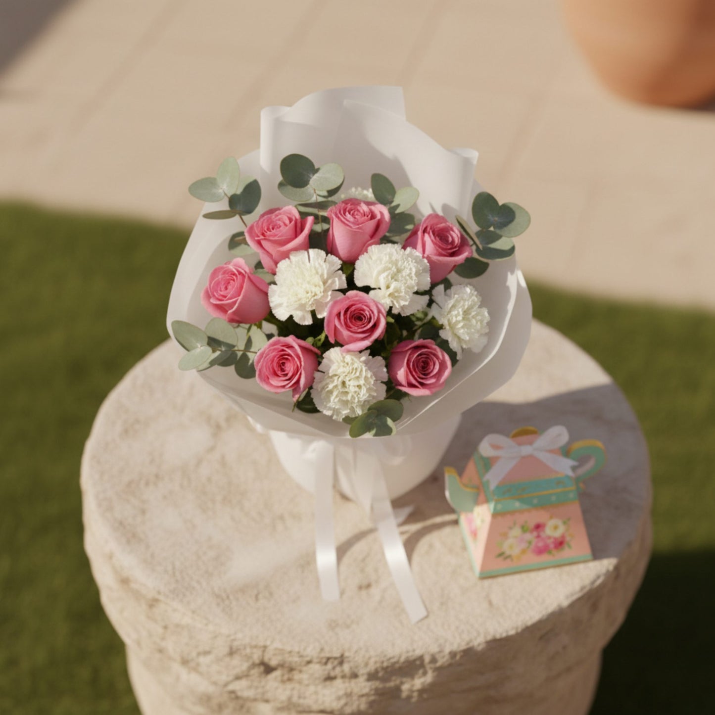 Top view of pink rose bouquet wrapped in white paper with floral tea-pot gift box.