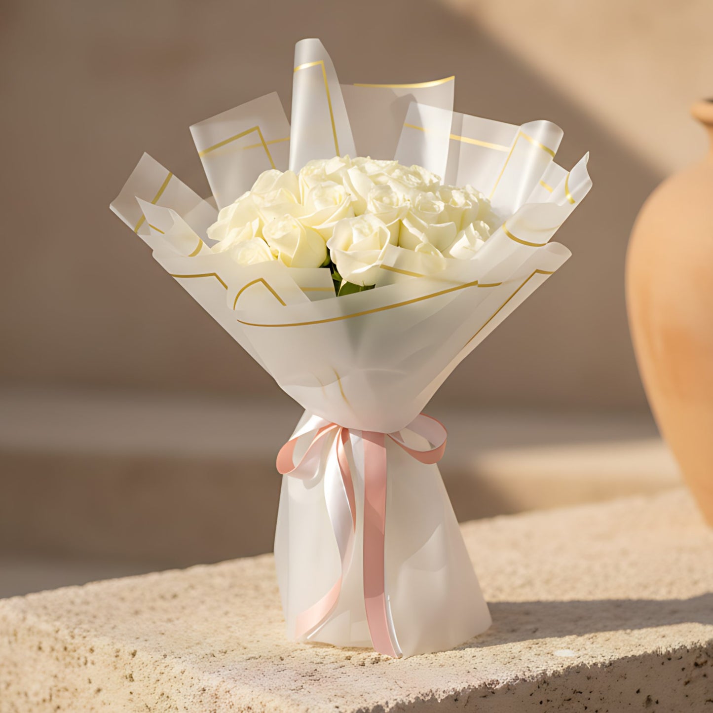 Hand-tied bouquet of 25 fresh white roses wrapped in modern trendy paper