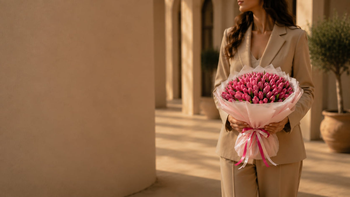 Woman in a beige suit holding a large bouquet of pink tulips — Tulip Bouquets by Aiwa Flowers Dubai
