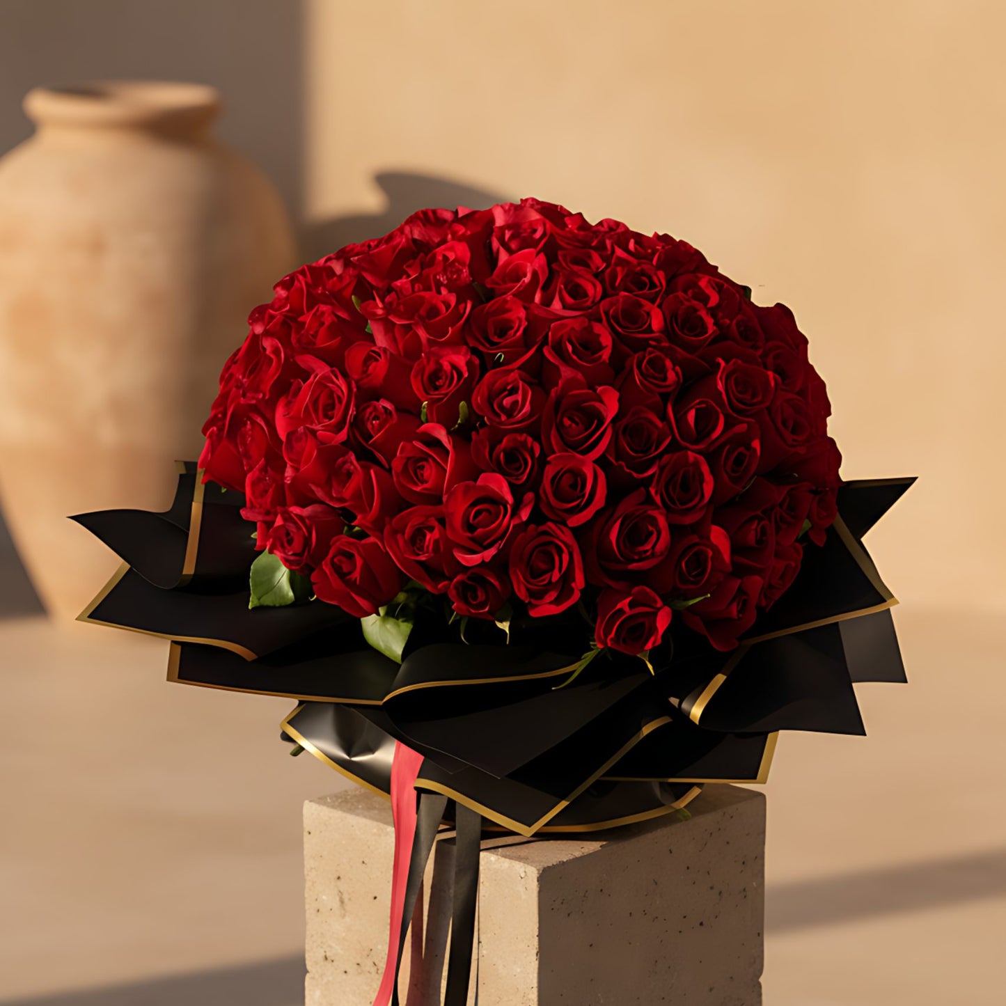 Hand-tied bouquet of 155 fresh red roses wrapped in elegant black paper
