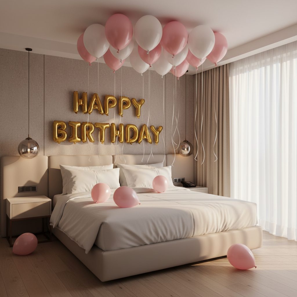 gold happy birthday balloon letters with pink and white balloons bedroom decoration Dubai