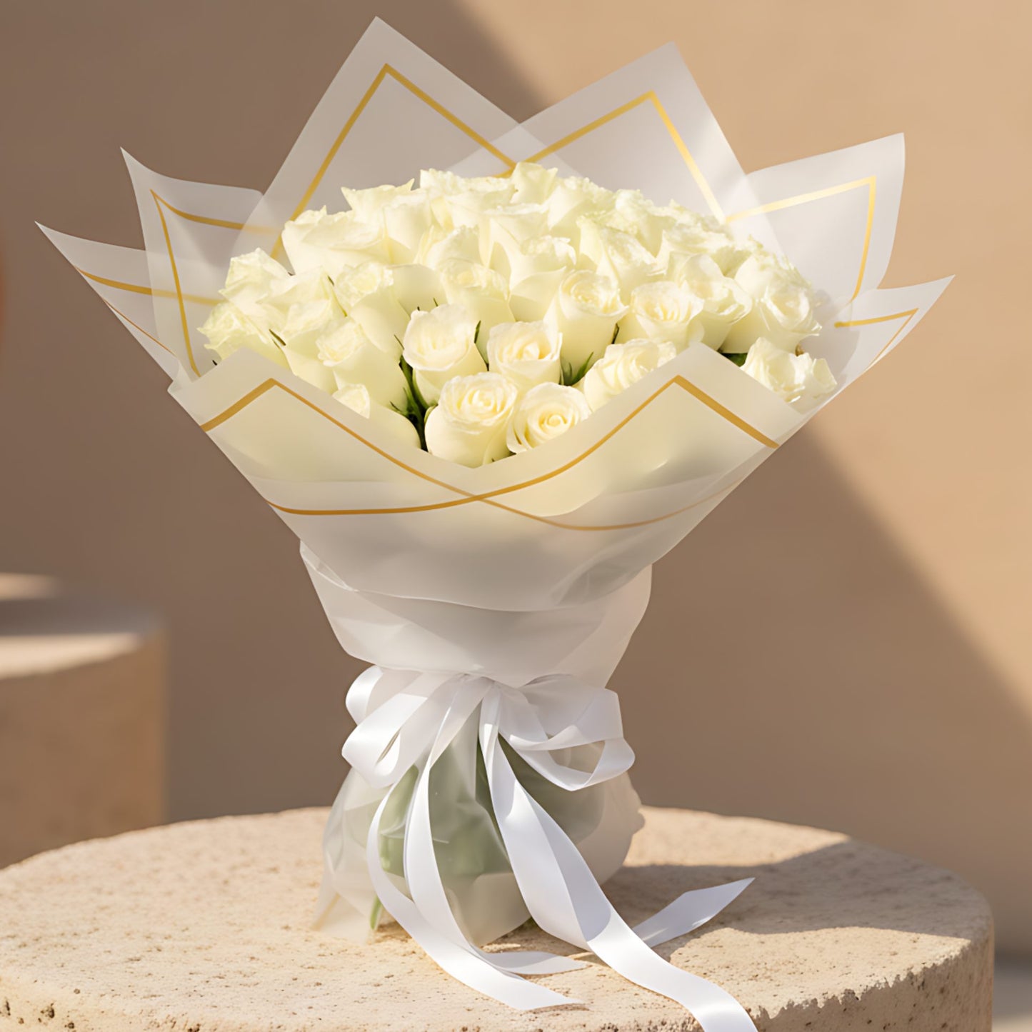 Hand-tied bouquet of 55 fresh white roses wrapped in modern trendy paper