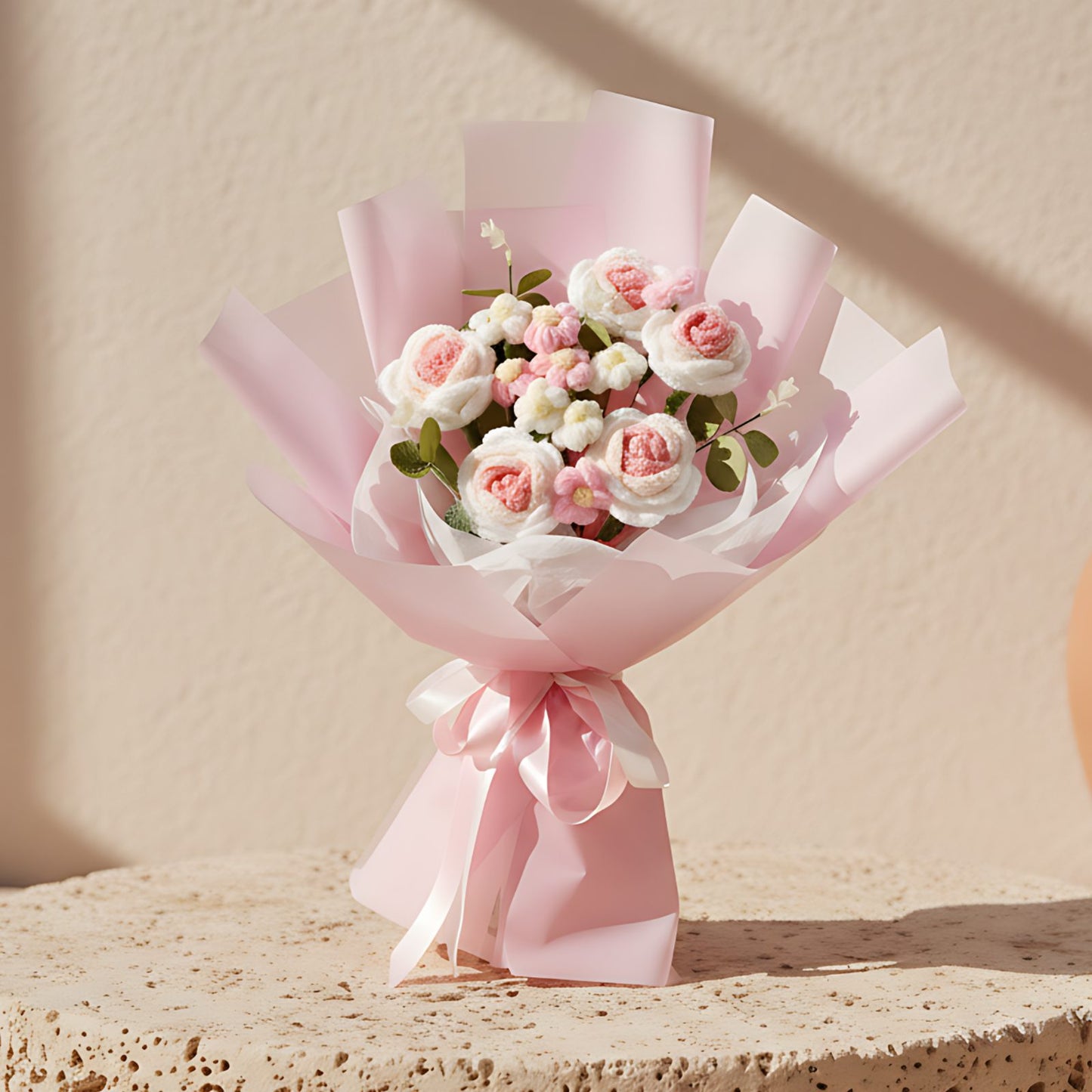 Always Her Child hand-tied crochet flower bouquet wrapped in soft pink by Aiwa Flowers