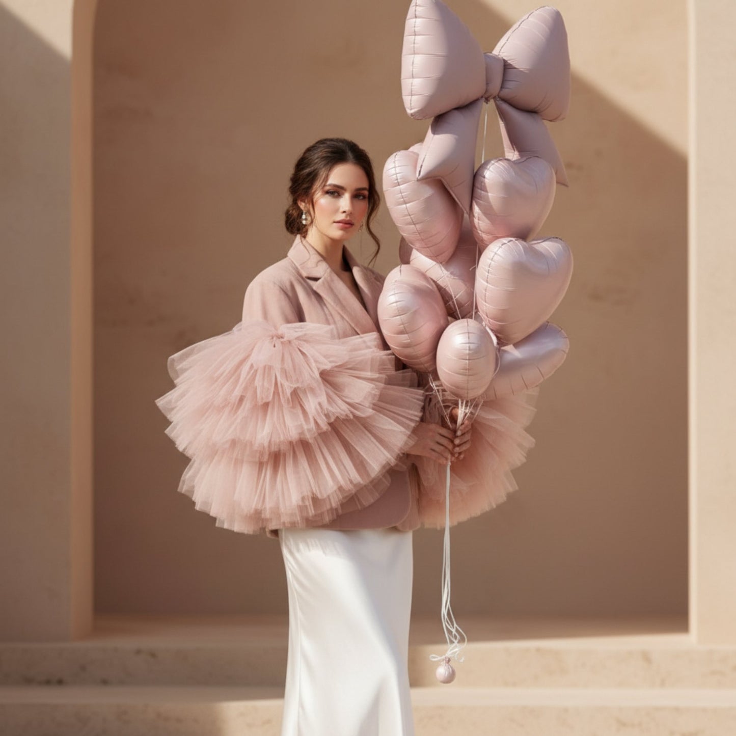 model holding blush bow balloon set with heart balloons