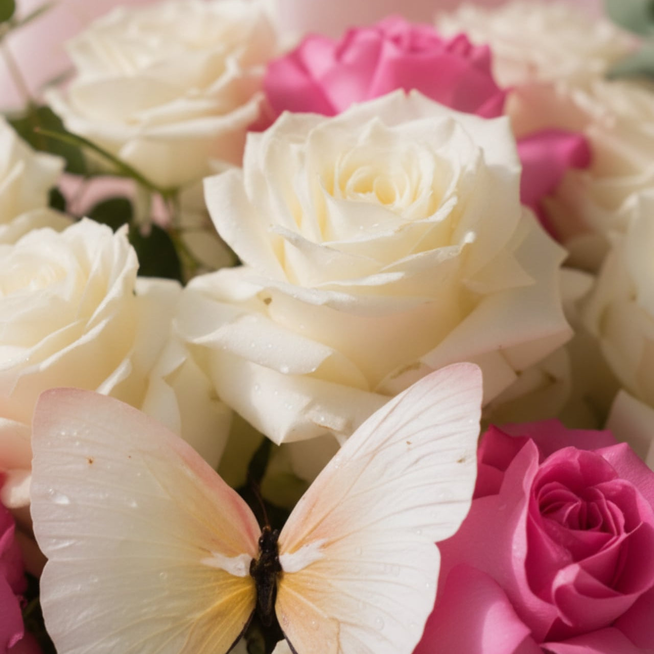 Close-up of white and pink roses with a butterfly accent by AIWA Flowers Dubai